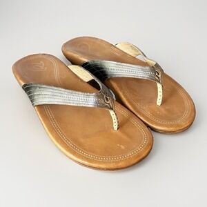 OluKai Wana Leather Flip Flops Thongs Sandals Beach Metallic Silver Womens 8